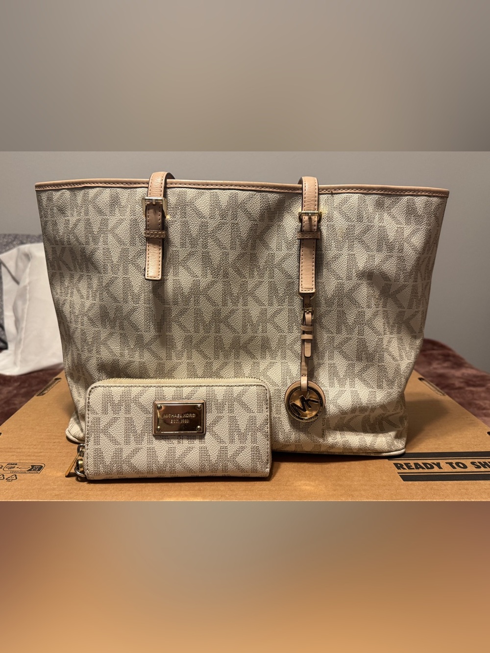 Michael Kors Beige/Tan Signature Logo Tote with Wallet